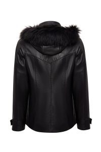 کت چرمی زنانه مشکی اورسایز کلاه‌دار یقه خزدار Chantal دری مد