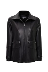 کت چرمی زنانه مشکی اورسایز کلاه‌دار یقه خزدار Chantal دری مد