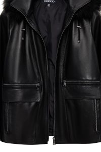 کت چرمی زنانه مشکی اورسایز کلاه‌دار یقه خزدار Chantal دری مد