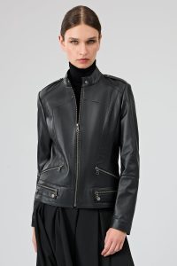 کت چرمی زنانه مشکی یقه ایستاده کوتاه Nora دری مد