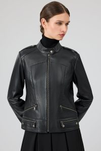 کت چرمی زنانه مشکی یقه ایستاده کوتاه Nora دری مد