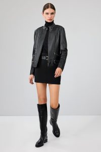 کت چرمی زنانه مشکی یقه ایستاده کوتاه Nora دری مد