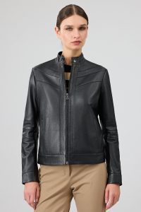 کت چرمی زنانه مشکی یقه ایستاده Tina دری مد