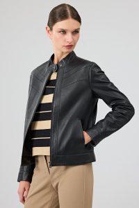 کت چرمی زنانه مشکی یقه ایستاده Tina دری مد