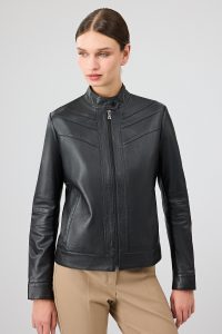 کت چرمی زنانه مشکی یقه ایستاده Tina دری مد
