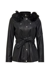 کت چرمی زنانه مشکی یقه خزدار Rebecca دری مد