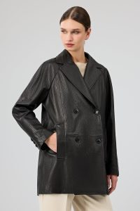 کت چرمی زنانه مشکی یقه کرواتی بلند Wendy دری مد