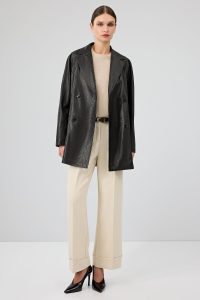 کت چرمی زنانه مشکی یقه کرواتی بلند Wendy دری مد