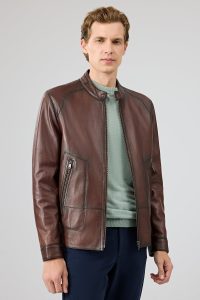 کت چرمی مردانه قهوه‌ای یقه دیپلمات King دری مد