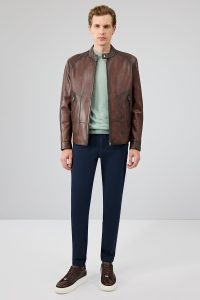 کت چرمی مردانه قهوه‌ای یقه دیپلمات King دری مد