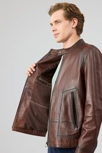 کت چرمی مردانه قهوه‌ای یقه دیپلمات King دری مد