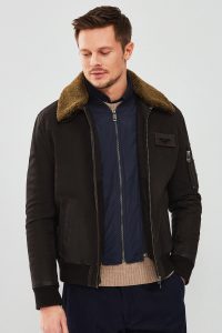 کت چرمی مردانه قهوه‌ای یقه‌دار خزدار خلبانی Falcon دری مد