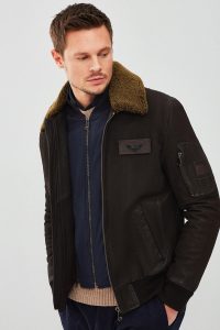 کت چرمی مردانه قهوه‌ای یقه‌دار خزدار خلبانی Falcon دری مد