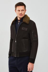 کت چرمی مردانه قهوه‌ای یقه‌دار خزدار خلبانی Falcon دری مد