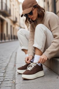 کتونی زنانه جیر قهوه‌ای بنددار لژدار دری مد