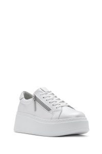 کتونی زنانه سفید با بند و زیپ کناری و زیره ضخیم چرم دری مد