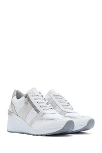 کتونی زنانه سفید پاشنه بلند با زیپ کناری چرم دری مد