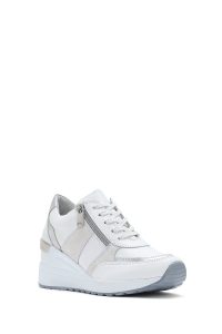 کتونی زنانه سفید پاشنه بلند با زیپ کناری چرم دری مد