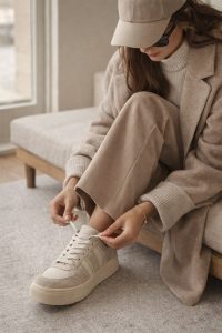 کتونی زنانه چرم بژ بنددار لژدار طرح‌دار دری مد