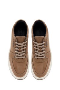 کتونی مردانه نوبوک چرمی بژ بندی زیره ضخیم دری مد