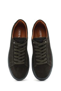 کتونی مردانه چرم جیر سبز زیتونی بنددار دری مد