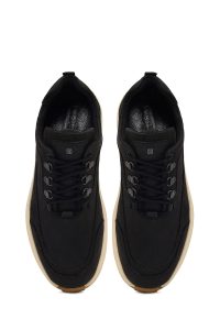 کتونی مردانه چرم نبوک مشکی بندی کژوال با زیره ضخیم دری مد