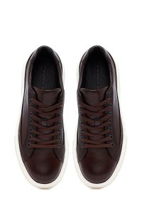 کتونی مردانه چرمی قهوه‌ای بندی زیره ضخیم دری مد