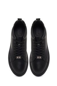 کتونی مردانه چرمی مشکی بندی با زیره ضخیم دری مد