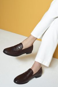 کفش رسمی مردانه قهوه‌ای چرمی بافتی دری مد