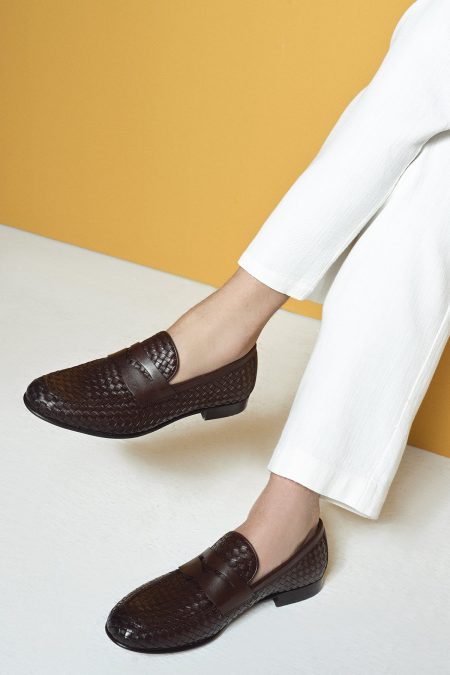 کفش رسمی مردانه قهوه‌ای چرمی بافتی دری مد