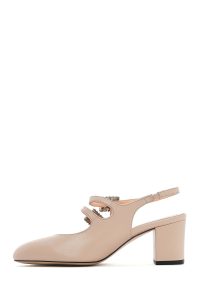 کفش زنانه بژ چرم نگین‌دار پاشنه‌ضخیم پشت باز سگک‌دار دری مد