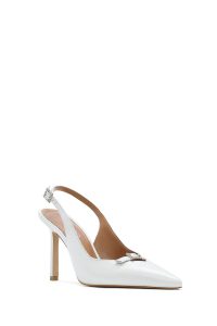 کفش زنانه سفید چرم پاشنه نازک پشت باز بنددار دری مد