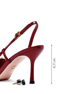 کفش زنانه قرمز چرم پاشنه نازک پشت باز بنددار دری مد