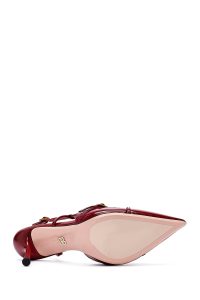 کفش زنانه قرمز چرم پاشنه نازک پشت باز بنددار دری مد