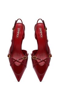 کفش زنانه قرمز چرم پاشنه نازک پشت باز بنددار دری مد