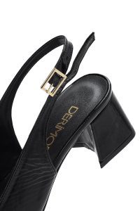 کفش زنانه مشکی چرم ورنی بنددار پاشنه‌ضخیم کوتاه پشت باز دری مد