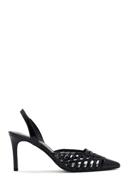 کفش زنانه مشکی چرم ورنی پاشنه نازک پشت باز دری مد