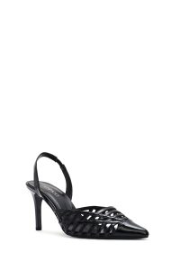 کفش زنانه مشکی چرم ورنی پاشنه نازک پشت باز دری مد