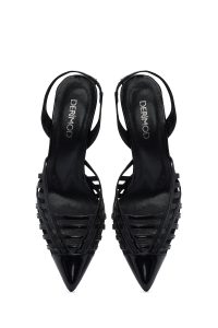 کفش زنانه مشکی چرم ورنی پاشنه نازک پشت باز دری مد