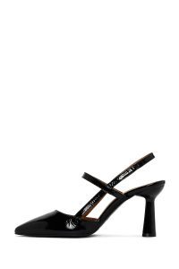 کفش زنانه مشکی چرم ورنی پاشنه‌دار پشت باز دری مد