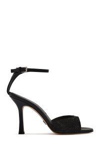 کفش زنانه مشکی چرم پاشنه نازک بلند نگین‌دار بنددار دری مد