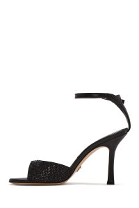 کفش زنانه مشکی چرم پاشنه نازک بلند نگین‌دار بنددار دری مد