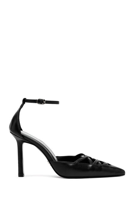 کفش زنانه مشکی چرم پاشنه نازک بنددار دری مد