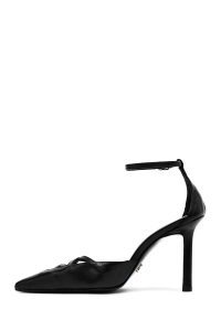 کفش زنانه مشکی چرم پاشنه نازک بنددار دری مد