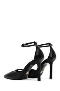 کفش زنانه مشکی چرم پاشنه نازک بنددار دری مد