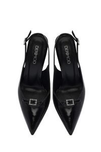 کفش زنانه مشکی چرم پاشنه نازک پشت باز بنددار دری مد