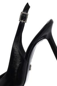 کفش زنانه مشکی چرم پاشنه نازک پشت باز بنددار دری مد