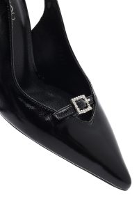 کفش زنانه مشکی چرم پاشنه نازک پشت باز بنددار دری مد