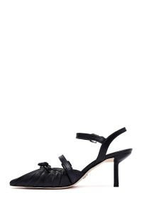 کفش زنانه مشکی چرم پاشنه نازک پشت باز بنددار دری مد