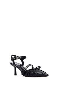 کفش زنانه مشکی چرم پاشنه نازک پشت باز بنددار دری مد